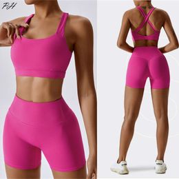 Lu Align Woman Sport Sets Summer Outfits Nude Feeling Fitness Sportwear Women Solid Tracksuit Sexy Cross Back Sport Bra Gym Shorts Workout Clothes Jogger Lemon Lady G