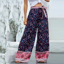 Women's Pants Soft Bow Activity High Waisted Wide Leg Floral Long Trousers Loose Casual Bell Boho Bohemian Printed Pantalones
