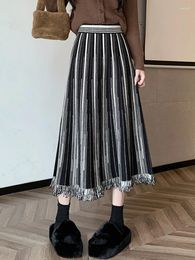 Skirts TIGENA Midi Long Knitted Skirt For Women 2024 Fall Winter Vintage Striped Tassel Hem A Line High Waist Mid-length Female