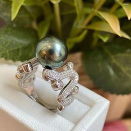 Cluster Rings Gorgeous 10mm Tahitian Round Black Green Pearl Ring Sterling Silver 925 Women Wedding Jewelry