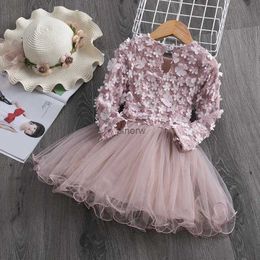 Girl's Dresses Flower Girls Party Dress Long Sleeves 2023 New Autumn Winter Kids Casual ClothIngs Lace Birthday Wedding Tulle Princess Dresses