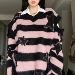 Women's Sweaters Streatwear Y2k Pink Striped Knitted Sweater Women Goth Vintage Jumper Korean Fashion Oversized Star Knitwear Aesthetic