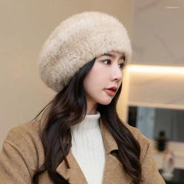 Berets Mink Wool Woven Beret Winter Women's Fashion Solid Color Korean Ear Protection Hat 2024