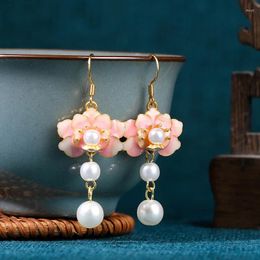 Stud Earrings Chinese Style Enamel Step-by-Step Lotus Vintage Pearl High-Grade Eardrops Mom Birthday Gift