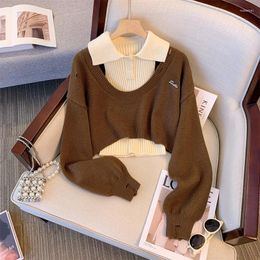 Women's Sweaters American Vintage Loose Pullovers 2024 Autum Lapel Neck Slim Fit Y2k E-Girl Long Sleeve Knitted Tops Two Piece Sets