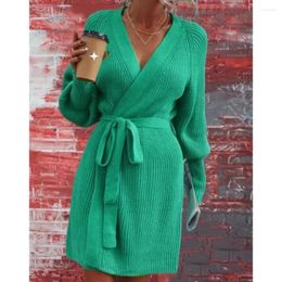 Women's Knits Women Lace-up Sweaters Knitted Cardigan Solid Autumn Winter Loose V-neck Lady Casual Simple Coat Long Clothing