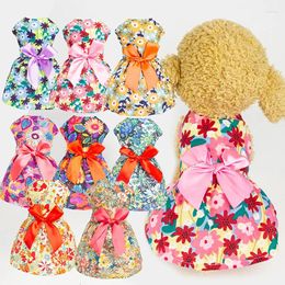 Dog Apparel Cute Floral Princess Dress For Chihuahua Christmas Bow Pet Fancy Puppy Sleeveless Skirt Clothing Small Dogs