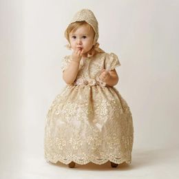 Girl Dresses Vintage Champagne Baby Christening Gowns Lace Ruched Girls Baptism Floor Length Toddler Birthday Kids First Communion