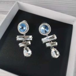 Designer Miui Miui Earring Miao's New Blue Earrings Women's Crystal Long Trapezoidal Water Drop Pink Full Diamond Super Flash Temperament Earrings