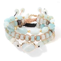 Charm Bracelets Natural Amazonite Stone Beads Bracelet Handmade Chakra Love Heart Rope Wrap Braided Chain For Women Men Jewelry