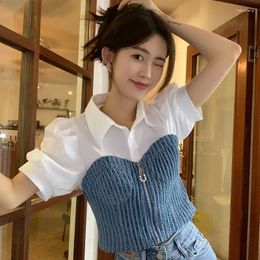 Women's Blouses Hikigawa Chic Fashion Women Denim Patchwork Shirts Spring Vintage Slim Short Sleeve Zipper Blouse All Match Tops Ropa Mujer