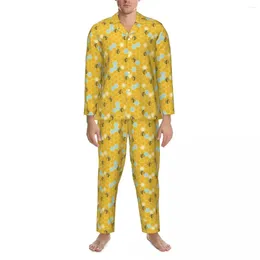 Men's Sleepwear Hexagon Bees Pyjama Sets Autumn Honeycomb Print Soft Night Men 2 Piece Vintage Oversize Design Nightwear Birthday Gift