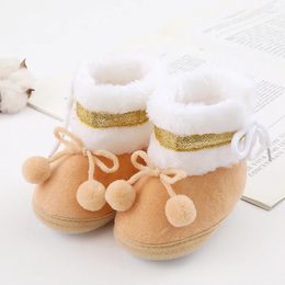 Boots Baby Cute Thickened Plush Flat Shoes Infant Girls Boys Bobbles Bow Non-Slip Soft Sole First Walker Winter Warm