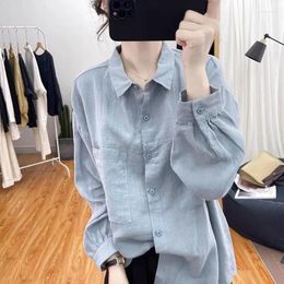 Women's Blouses 2024 In Casual Long Sleeve Front Pocket Women Shirts Drop Shoulder Loose Blouse Female Brief Cotton Tops White Black