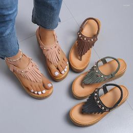 Dress Shoes 2024 Wedges Sandals For Women Wide Heels Slip-On Platform Female Ethnic Style Tassels Sandal Ladies High Heel