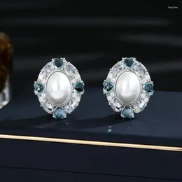 Stud Earrings SENYU Fashion Oval Egg Pearl Paved Heart Shape Cubic Zirconia Luxury Women Wedding Jewelry Bride Gifts