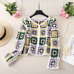 Women's Knits Retro Spring Autumn Knit Sweater For Women Long Sleeve Crochet Cardigan Colorful Geometric Pattern Buttoned Knitted Coat