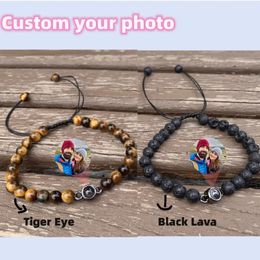 Bracelets Father's Day Gift Personalised Circle Photo Bracelet 6mm Lava Yellow Tiger Stone Bracelet Custom Projection Personality Memorial