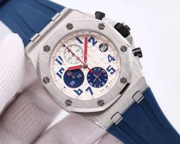 Top Fashion Quartz Chronograph Watch Men Silver Dial 42mm Classic Stopwatch Design Wristwatch Gentlemen Casual Blue Black White Rubber Strap Clock 3266