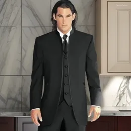 Men's Suits Black Stand Collar Men Wedding 3 Pcs (Jacket Pants Vest) Custom Made Groom Tuxedos Man Grooms Tuxedo