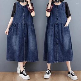 Casual Dresses Jeans Temperament Dress 2024 Women's Spring/Summer Vintage Round Neck Loose A-Line Slim Mid Length Denim Tank Top Z4030