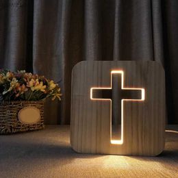 Desk Lamps 3D LED Lamp Night Light USB Desk Table Lamps Christianity Crucifix Crafts For Gift Home Decoration Wooden Cross YQ240123