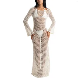 Casual Dresses 2024 Fashion Women's Crochet Bikini Cover Ups Long Sleeve Backless Solid Colour Up Beach Dress Streetwear