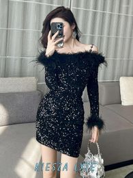 Casual Dresses Luxurious Evening Dress 2024 Spring For Birthday Party Feather Boat Neck Black Sequin Sexy Women Vintage Y2K