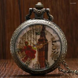 Pocket Watches Bronze Tone Big Ben & Roses Motif Pendant Necklace Quartz Watch Gift For Male Women Chronograph Hombre Relojes