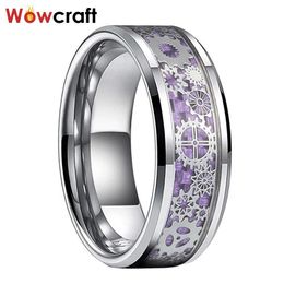 Bands 8mm Light Purple Tungsten Wedding Bands 8mm for Men Women Gear inlay Comfort Fit Engagement Ring Beveled Edges Polished Shiny