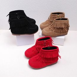 2024 Winter Girls Fringes Ankle Boots Flock Warm Rubber Boots Toddler Kids Cotton Padded Tassels Boots Red Pink Black Color 240122