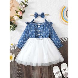 Girl's Dresses Baby Girl Dress Long Sleeves Spliced White Mesh Skirt+Headband 2PCS Spring Autumn Fashion Clothes for Toddler Girl 6-24 Months