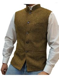 Men's Vests Suit Vest Brown Herringbone Wool Tweed Stand-up Collar Slim Fit Waistcoat Groom Costumes Clothing For Men Wedding