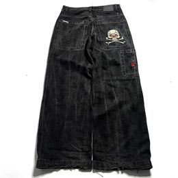 Женские джинсы jnco new harajuku хип -хоп ретро -череп графический вышитый мешковатые джинсовые штаны Y2K Мужчины женщины Гот высокой талию широкие брюки H240429