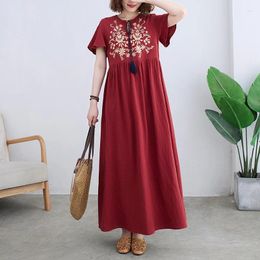 Party Dresses Bohemia Women Summer Cotton Linen Casual Long Dress Vintage Style Embroidery Loose Ladies Elegant A-line Beach