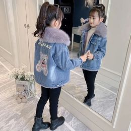 Winter denim jacket children's and girls' hooded jacket fur wool warm children's clothing full set baby velvet jacket 3-12 years XMP516 240123