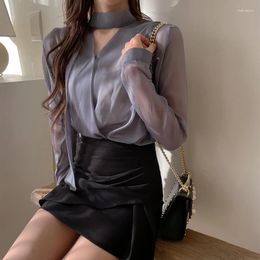 Women's Blouses Korean Fashion Ladies Chiffon Shirts Women Blouse Long Sleeve V Neck Tie Loose Casual Shirt Female Tops Spring Summer