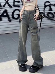 Women's Jeans Vintage Women Casual Fashion High Waist Soft Wide Legs Pants Female 2024 Spring Solid Loose Pocket Straight Lady