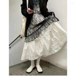 Skirts Korean Lace Long Skirt Women Vintage Cute High Waist Loose Fairycore Tassel Patchwork A-Line Midi Mori Girl Autumn