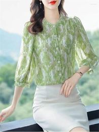 Women's Blouses Fragmented Chiffon Shirt Women 3/4 Sleeve Summer Top Loose Covering Belly Puff Button Up Female Blusas