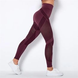 Capris Rooftrellen 20%spandex Hollow Mesh Leggings Women Seamless Knitted Leggings High Waist Stripe Pants Slim Push Up Fiess Leggins