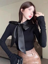 Women's Hoodies Korejepo Elegant Bow Tie Black Long Sleeved Shirt Casual Unique Style Slimming Beautiful Romantic Design Versatile Pullover