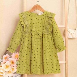 Girl's Dresses New Spring Autumn Girl's Net Gauze Lace Splicing Long-Sleeved Dress Polka Dot Cute Skirt Casual Kids Children Loose Comfortable