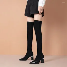 Boots Suede Over The Knee Slim Women Black Thigh High Heels Metal Zipper Pointed Toe Long 2024