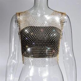 Women's Tanks Summer Mesh Tank Tops Short Sleeve See Through For Women Hollow Out Fishnet Vest Rhinestone Fashion Party Sexy Crop Top