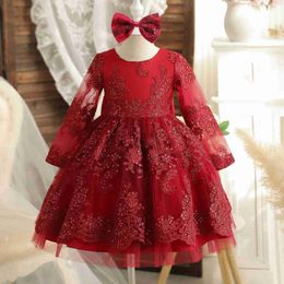 Girl's Dresses Red Christmas for Baby Girls Wedding Birthday Prom Gown Princess Party Dresses Elegant New Year Toddler Kids Formal Lace Dress