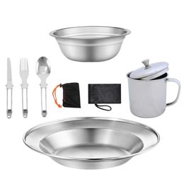 Camp Kitchen Portable Camping Cutlery Set Stainless Steel for Outdoor Cooking Includes Plate Bowl Cup Spoon Fork Space Saving Durable YQ240123