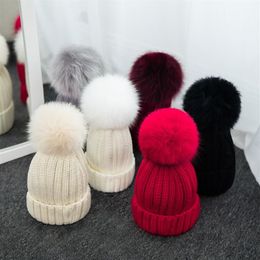 Designer Plain Rib Beanies With Removable Real Fox Fur Pom Ball Knitted Acrylic Winter Warmer Hats 3 Size For Baby Kids Adults Slo2932