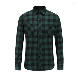 Men's Casual Shirts 2024 Men Plaid Flannel Shirt Long-Sleeved Chest Two Pocket Design Fashion Printed-Button