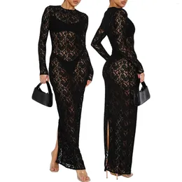 Casual Dresses Women's Lace Long Dress Sexy Vintage Sleeve Round Neck Solid Color Bodycon Party Gown